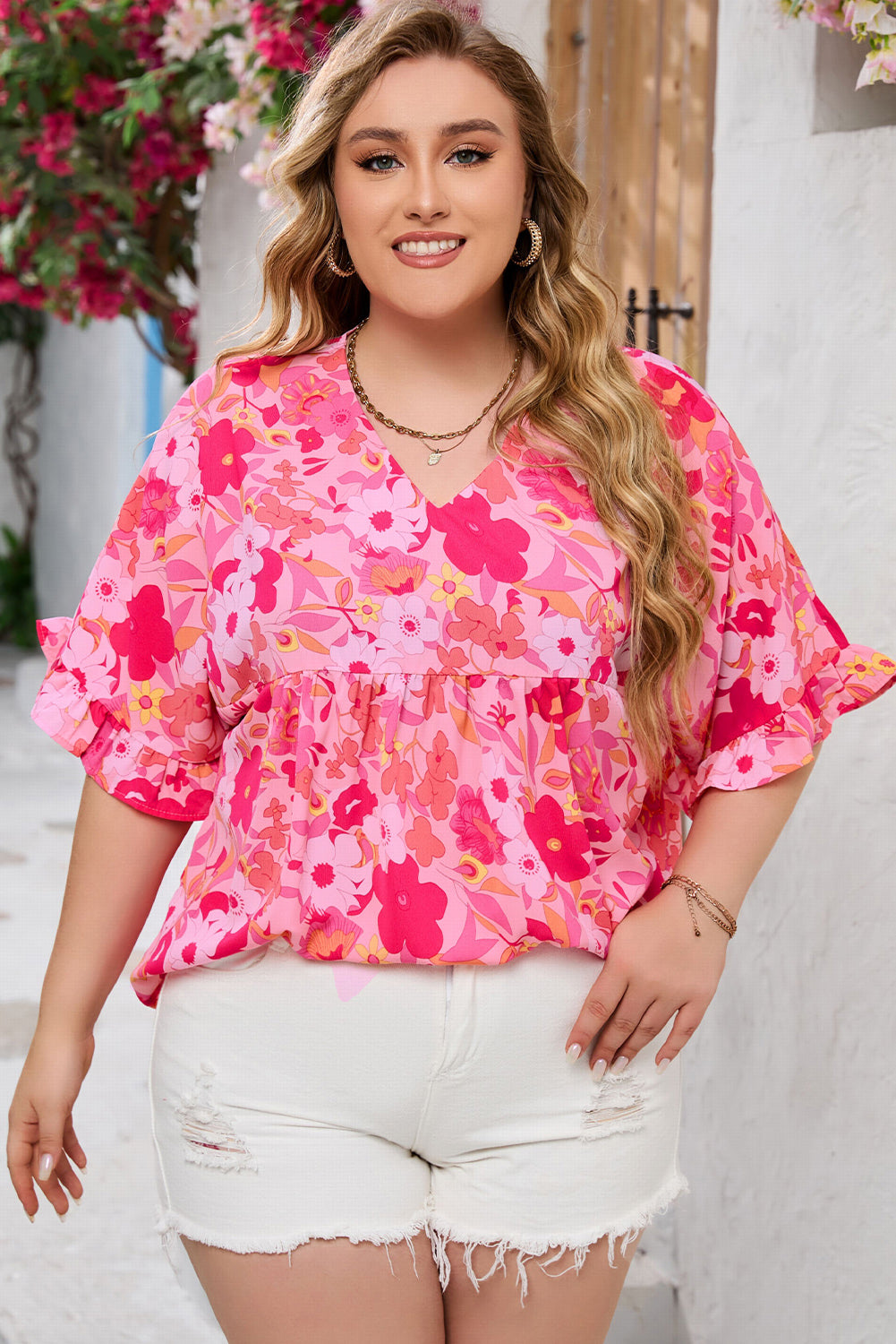 Kaiya Floral Print Ruffled Half Sleeve Plus Size Babydoll Blouse by Threaded Pear - Image 4