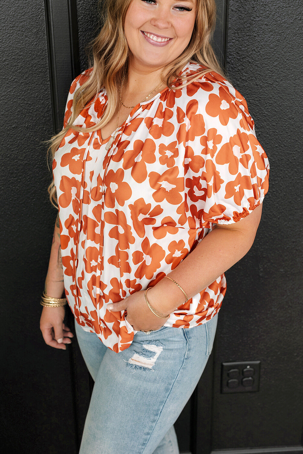 Sky Plus Size Floral Print Drawstring V Neck Short Sleeve Blouse by Threaded Pear