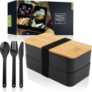 Moritz & Moritz Premium Bento Box for Adults Black ?C 2-Tier 46 oz Lunch Container Box with Bamboo Lid