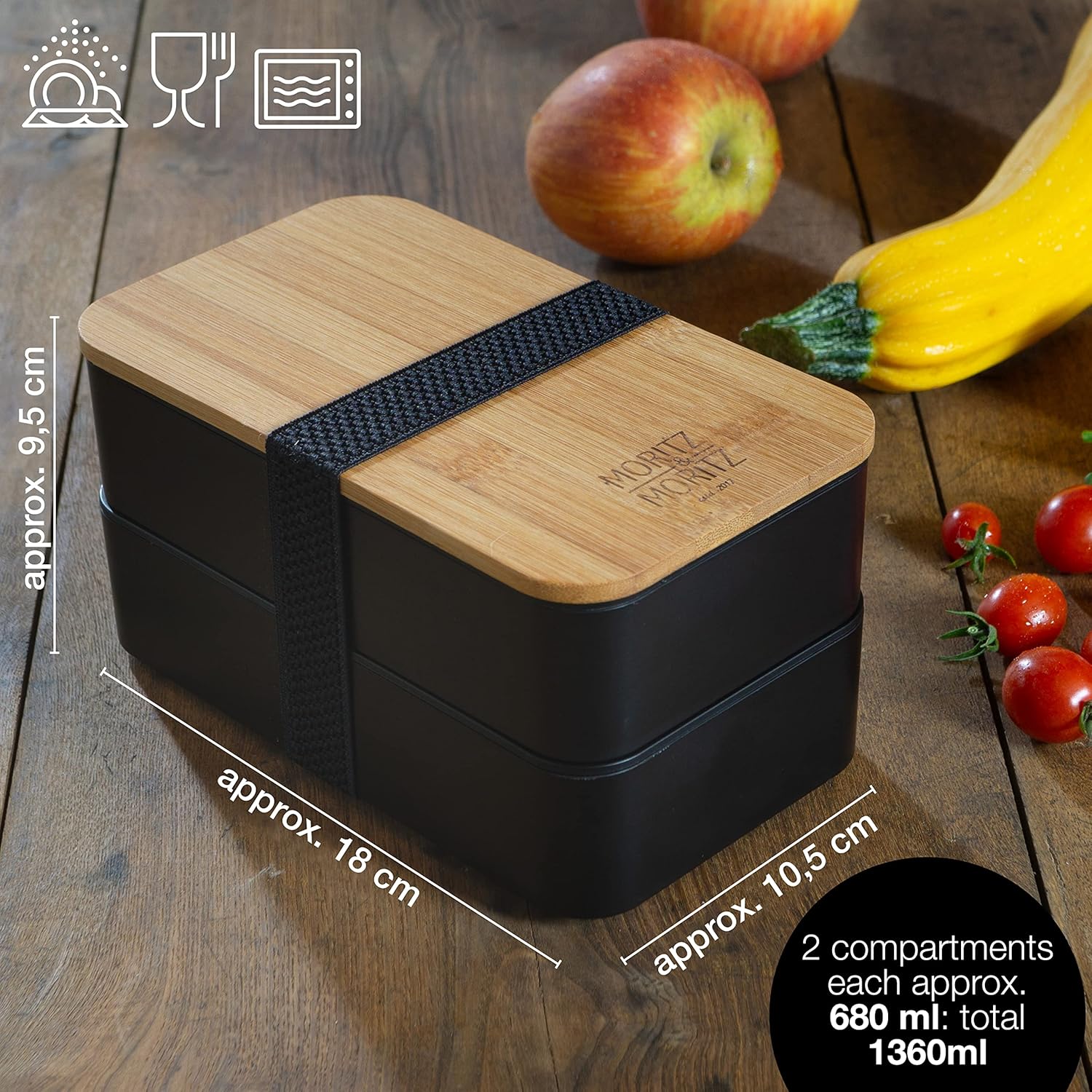 Moritz & Moritz Premium Bento Box for Adults Black ?C 2-Tier 46 oz Lunch Container Box with Bamboo Lid - Image 6