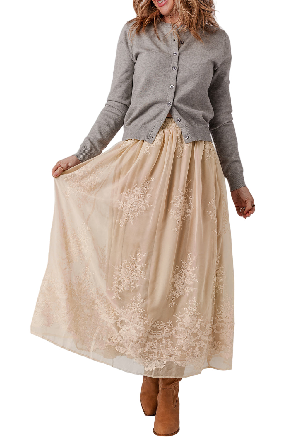 Threaded Pear Vivienne Embroidered Mesh Overlay Long Skirt - Image 5