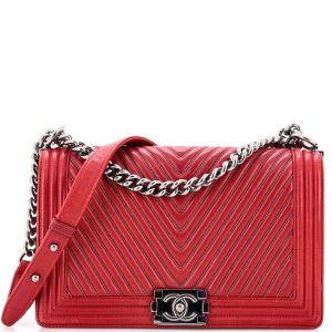 Pre-Loved Chanel Boy Flap Bag Chevron Calfskin with Micro Chain Detail Old Medium