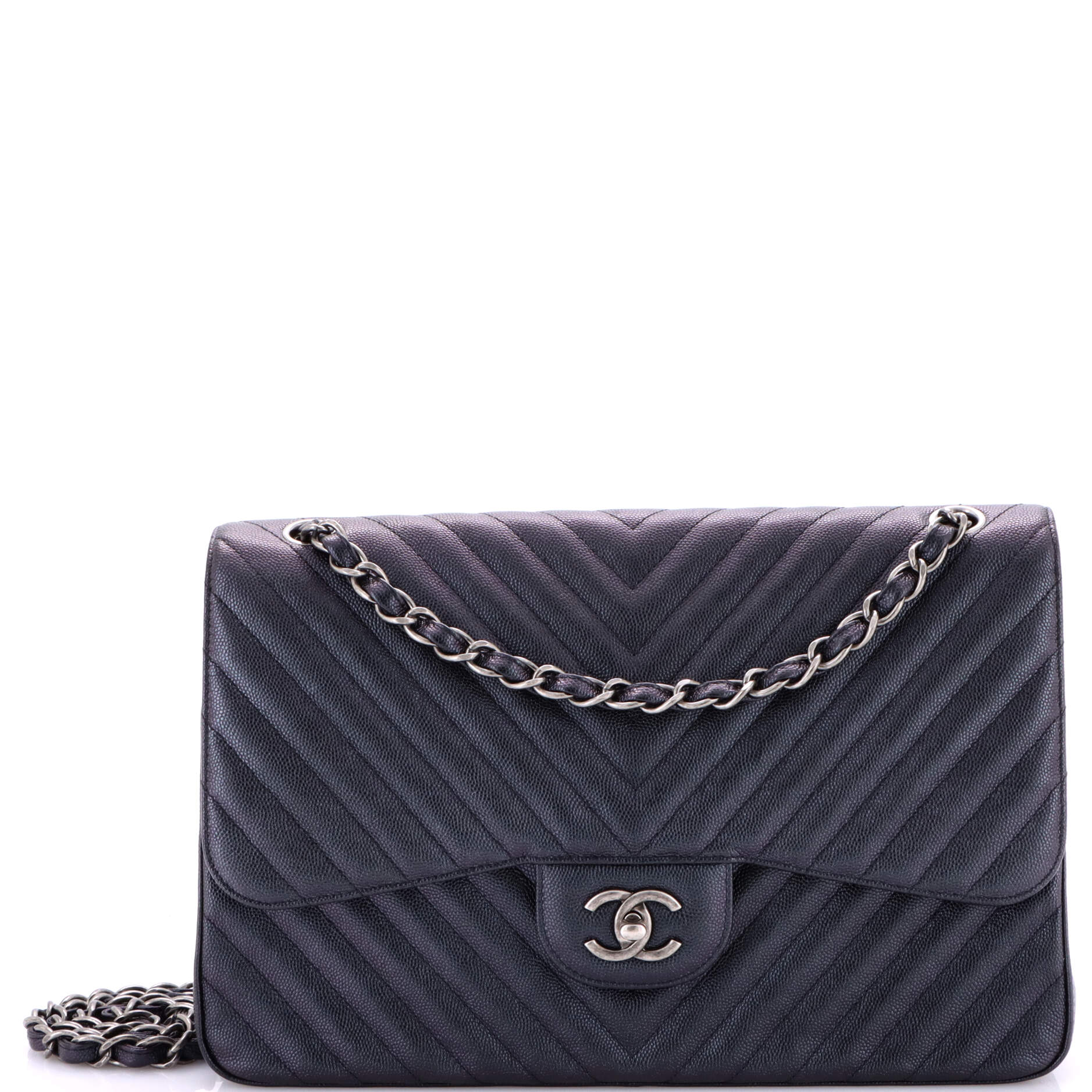 Pre-Loved Chanel Classic Double Flap Bag Chevron Iridescent Caviar Jumbo