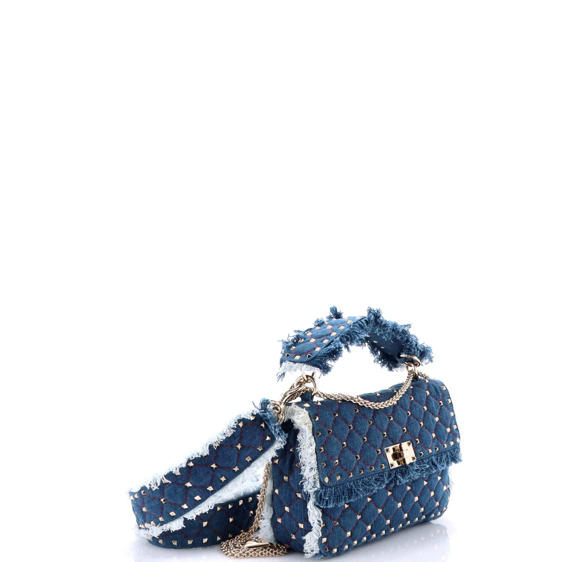Pre-Loved Valentino Rockstud Spike Flap Bag Quilted Denim Medium - Image 2