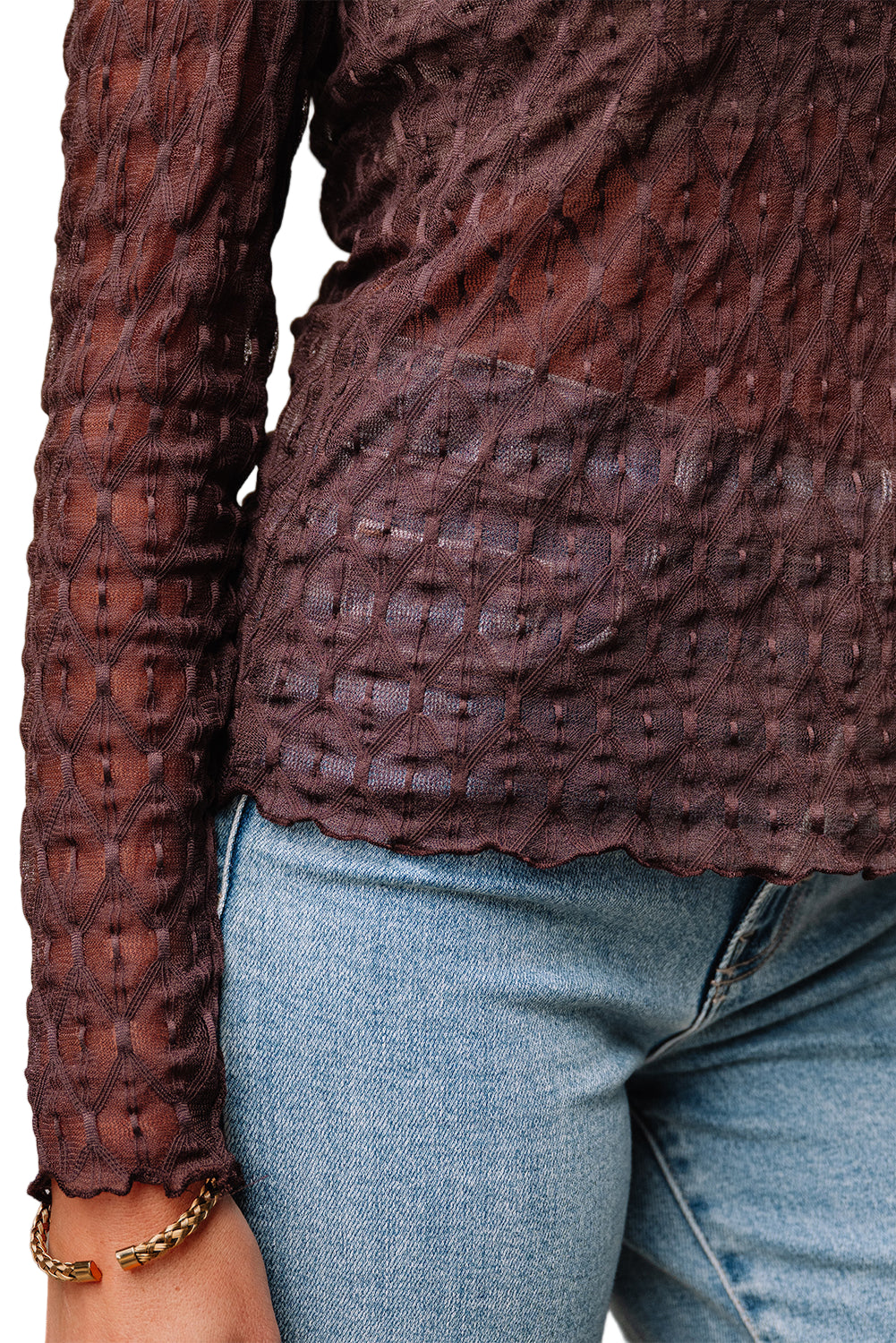 Threaded Pear Ruth Sheer Mesh Patterned Lettuce Trim Top - Image 6