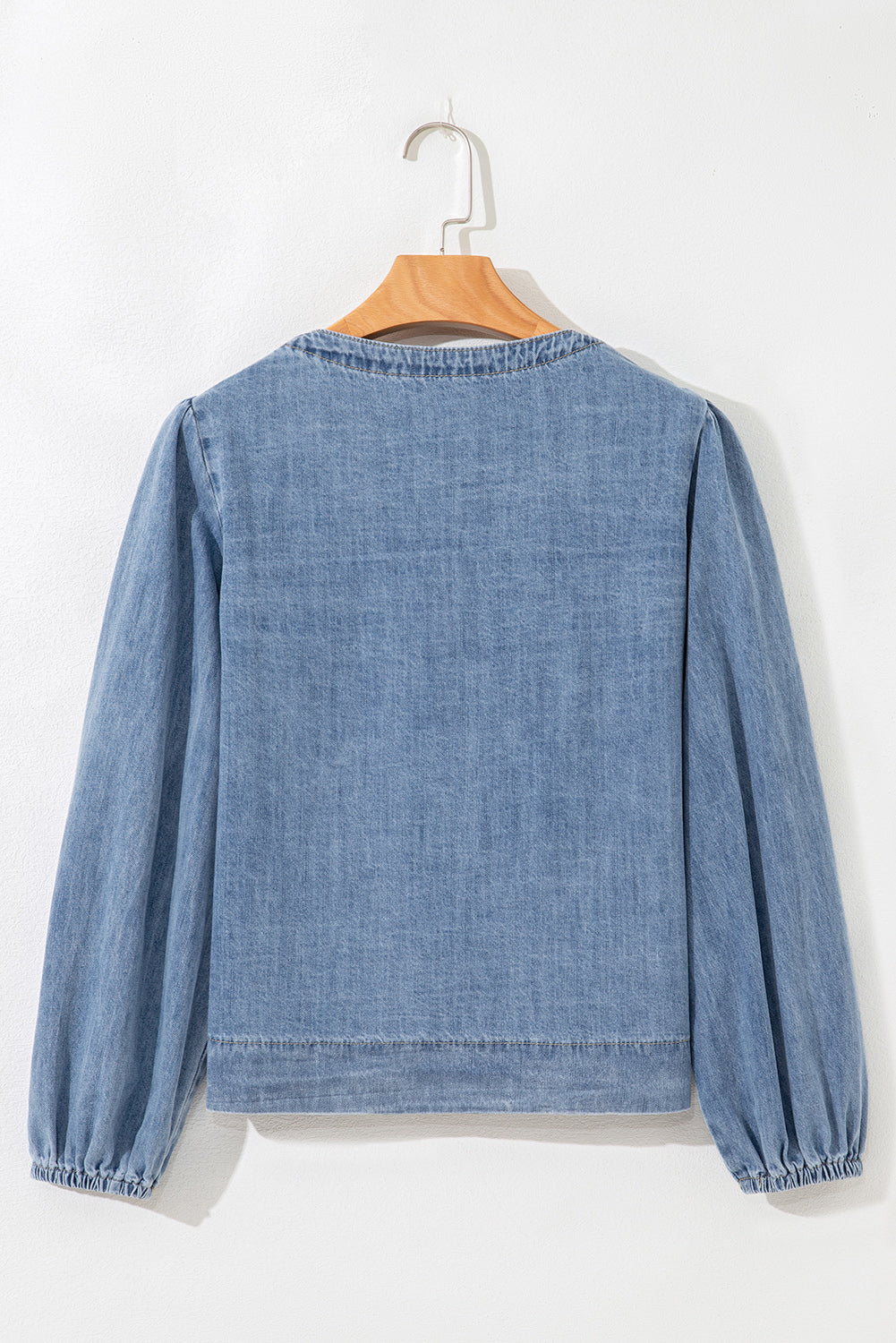Oakley Tied Front Long Puff Sleeve Denim Top by Threaded Pear - Image 9