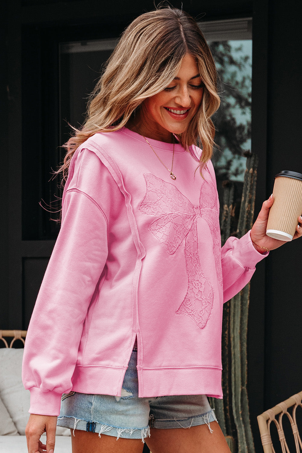 Brianna Lace Bow Embroidered Exposed Seam Sweatshirt by Threaded Pear - Image 3