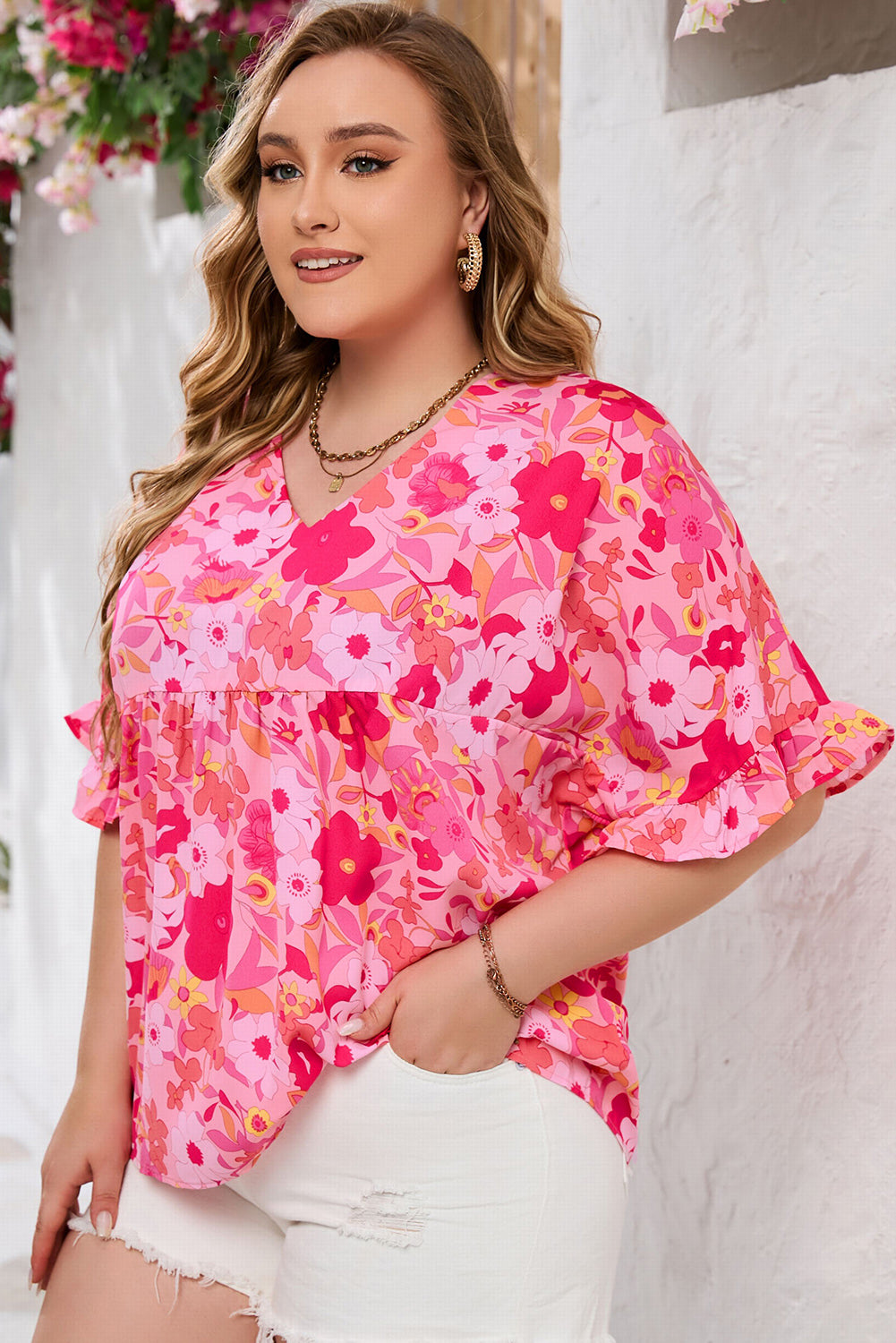 Kaiya Floral Print Ruffled Half Sleeve Plus Size Babydoll Blouse by Threaded Pear - Image 3