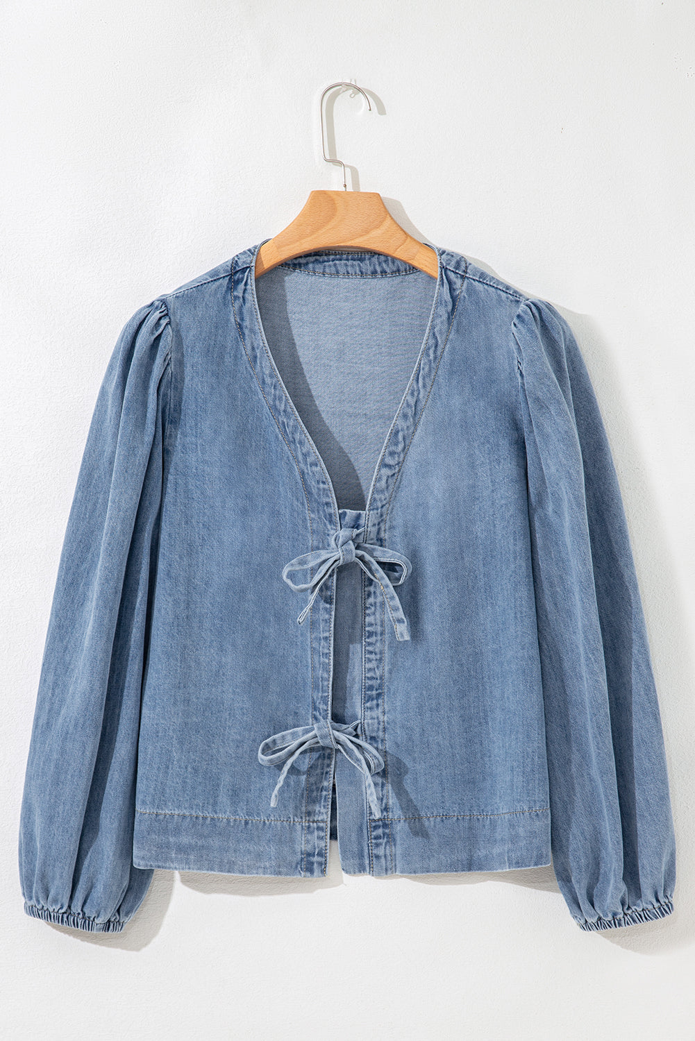 Oakley Tied Front Long Puff Sleeve Denim Top by Threaded Pear - Image 8