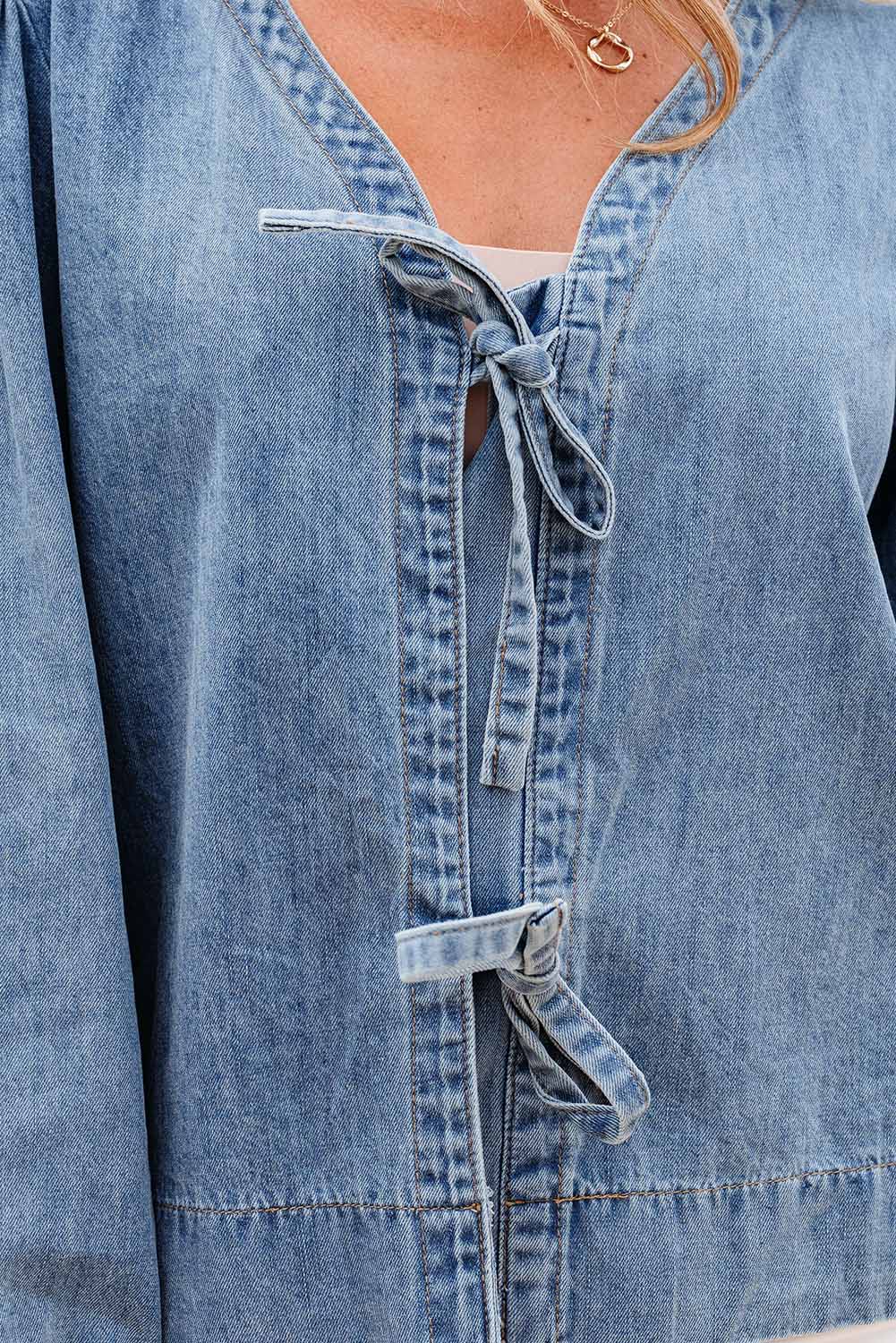 Oakley Tied Front Long Puff Sleeve Denim Top by Threaded Pear - Image 7