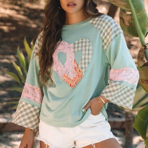 Emilia Plaid Floral Peace Heart Long Sleeve Top by Threaded Pear