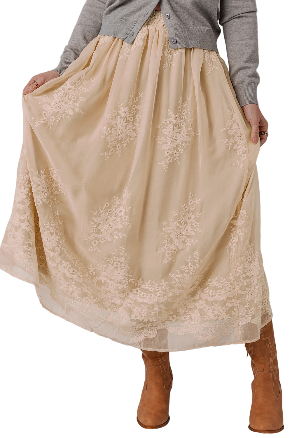 Threaded Pear Vivienne Embroidered Mesh Overlay Long Skirt