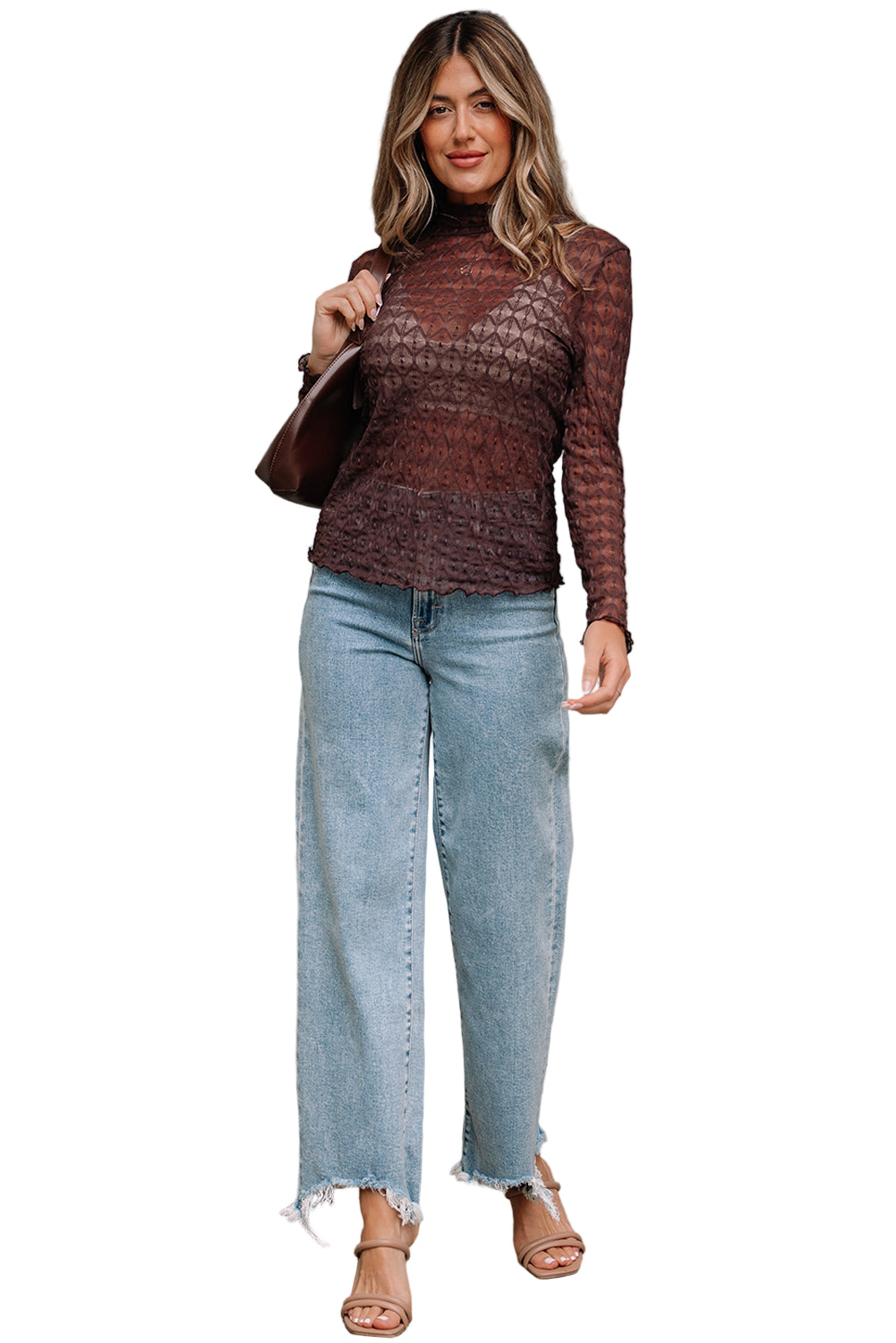 Threaded Pear Ruth Sheer Mesh Patterned Lettuce Trim Top - Image 5