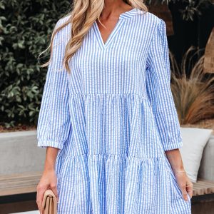 Kaia Stripe Bracelet Sleeve Tiered Dress with Pockets by Threaded Pear