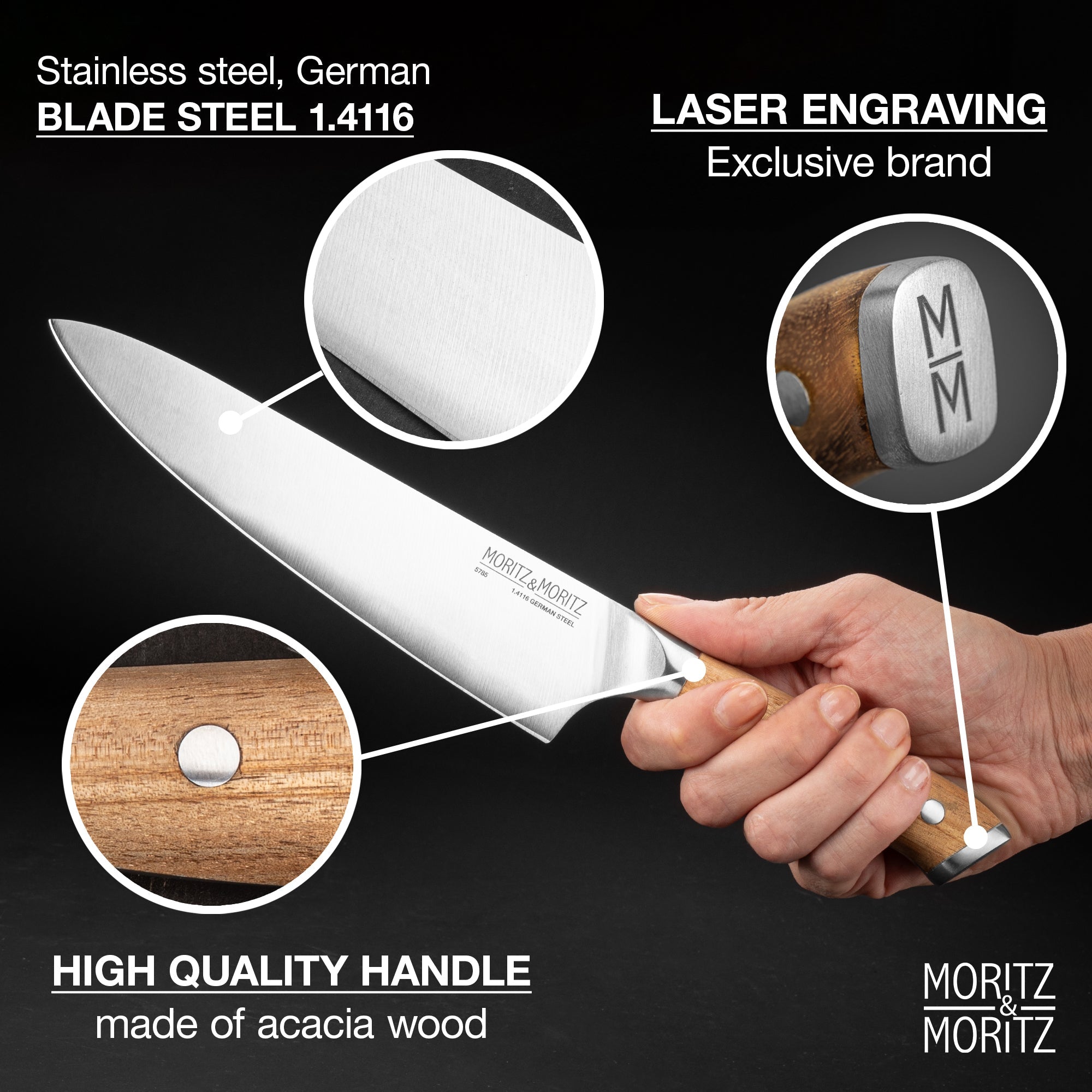 Moritz & Moritz German Steel 8 Chef's Knife | Professional Sharp Multipurpose Kitchen Knife - Image 3