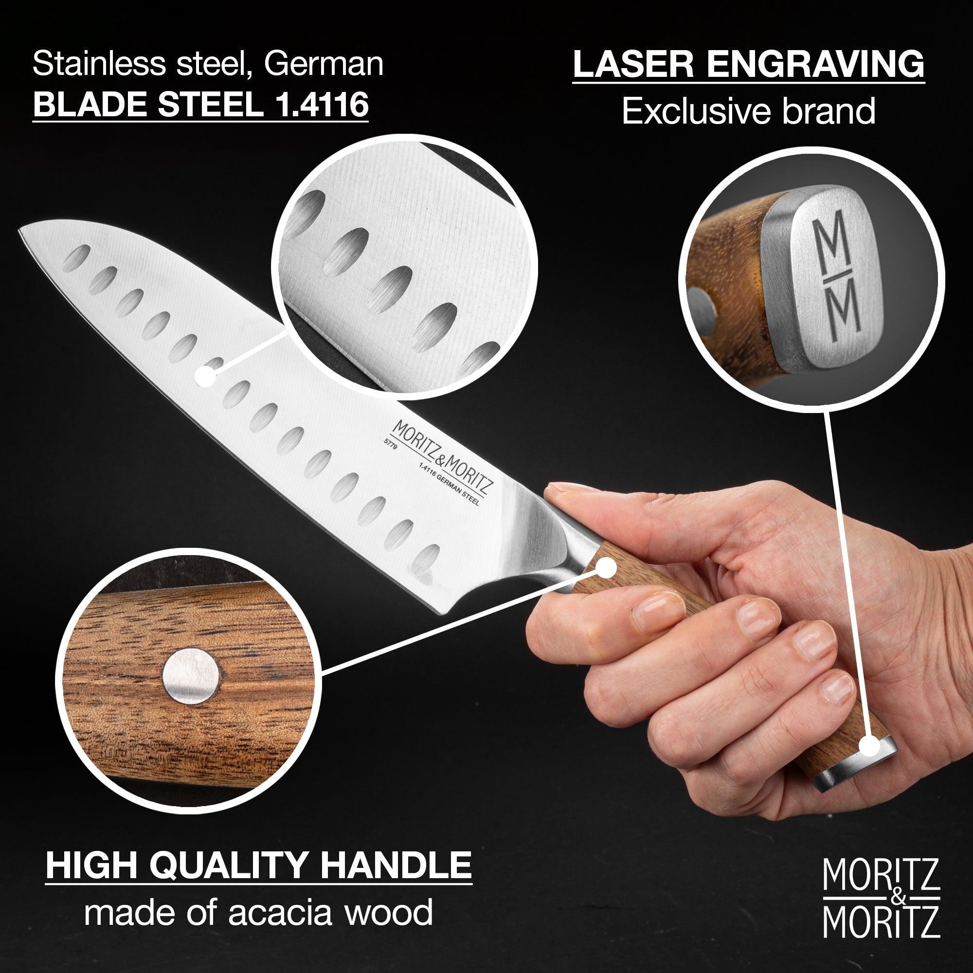 Moritz & Moritz German Steel 7 Santoku Knife | Professional Sharp Multipurpose Kitchen Knife - Image 3