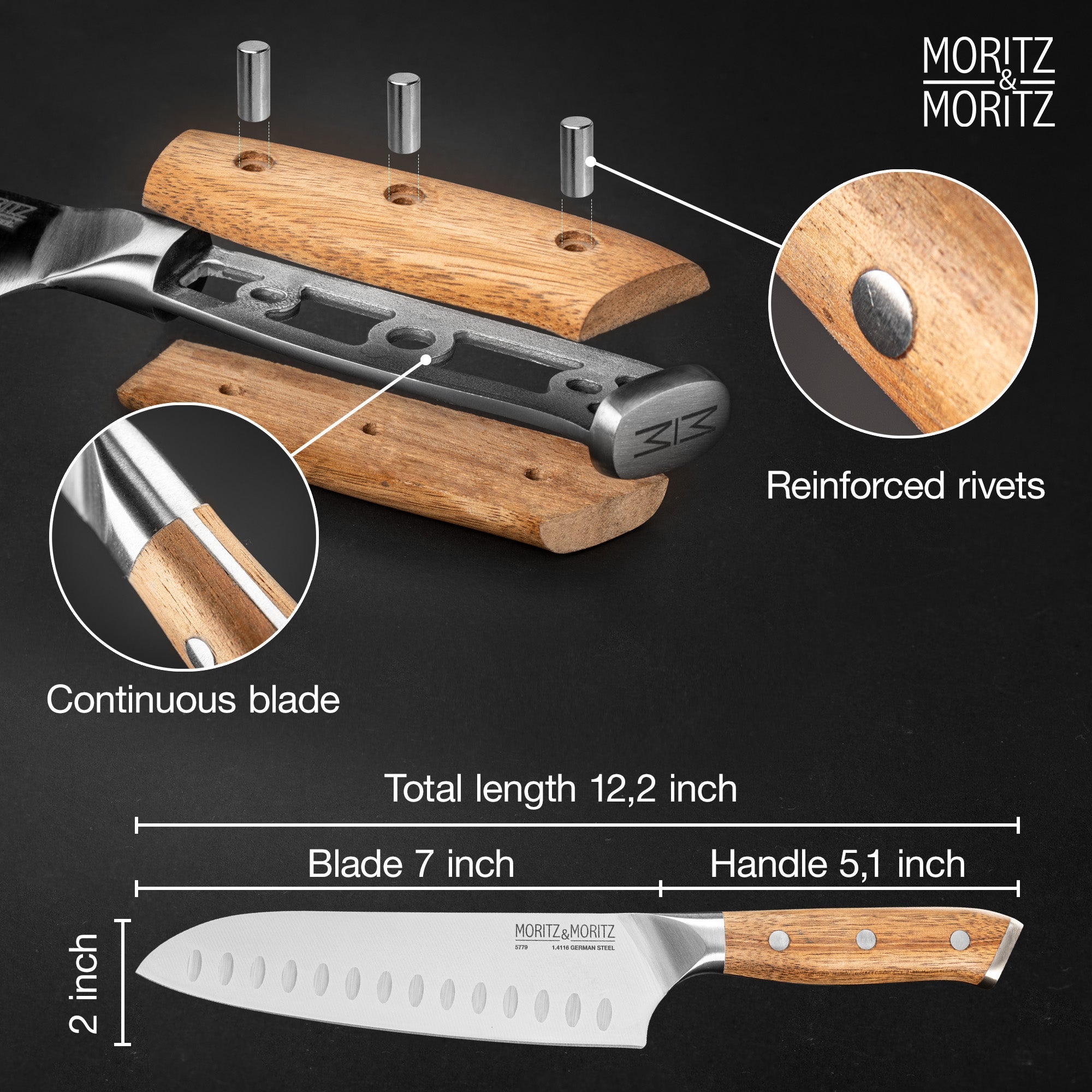 Moritz & Moritz German Steel 7 Santoku Knife | Professional Sharp Multipurpose Kitchen Knife - Image 2