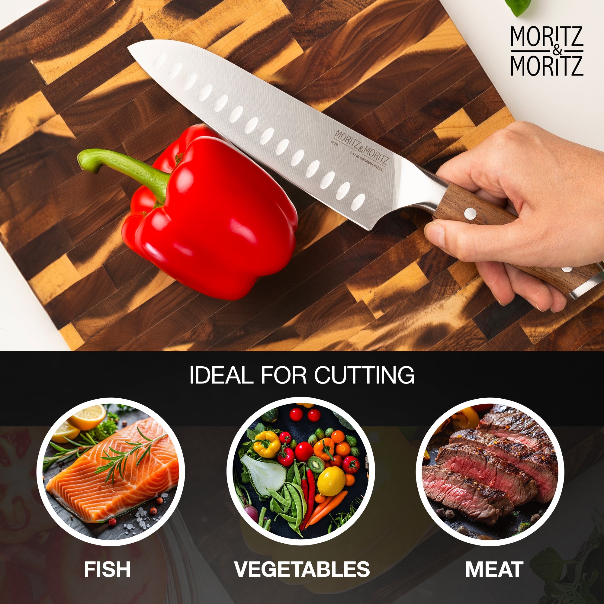Moritz & Moritz German Steel 7 Santoku Knife | Professional Sharp Multipurpose Kitchen Knife - Image 4