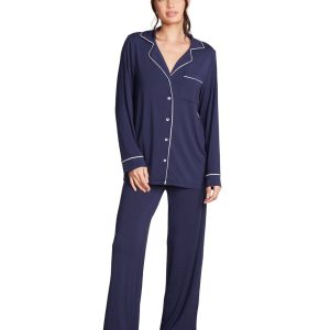 Barefoot Dreams Luxe Milk Jersey Piped Pajama Set - Women's Soft Modal Sleepwear with Long Sleeve Button-Down Top and Pants