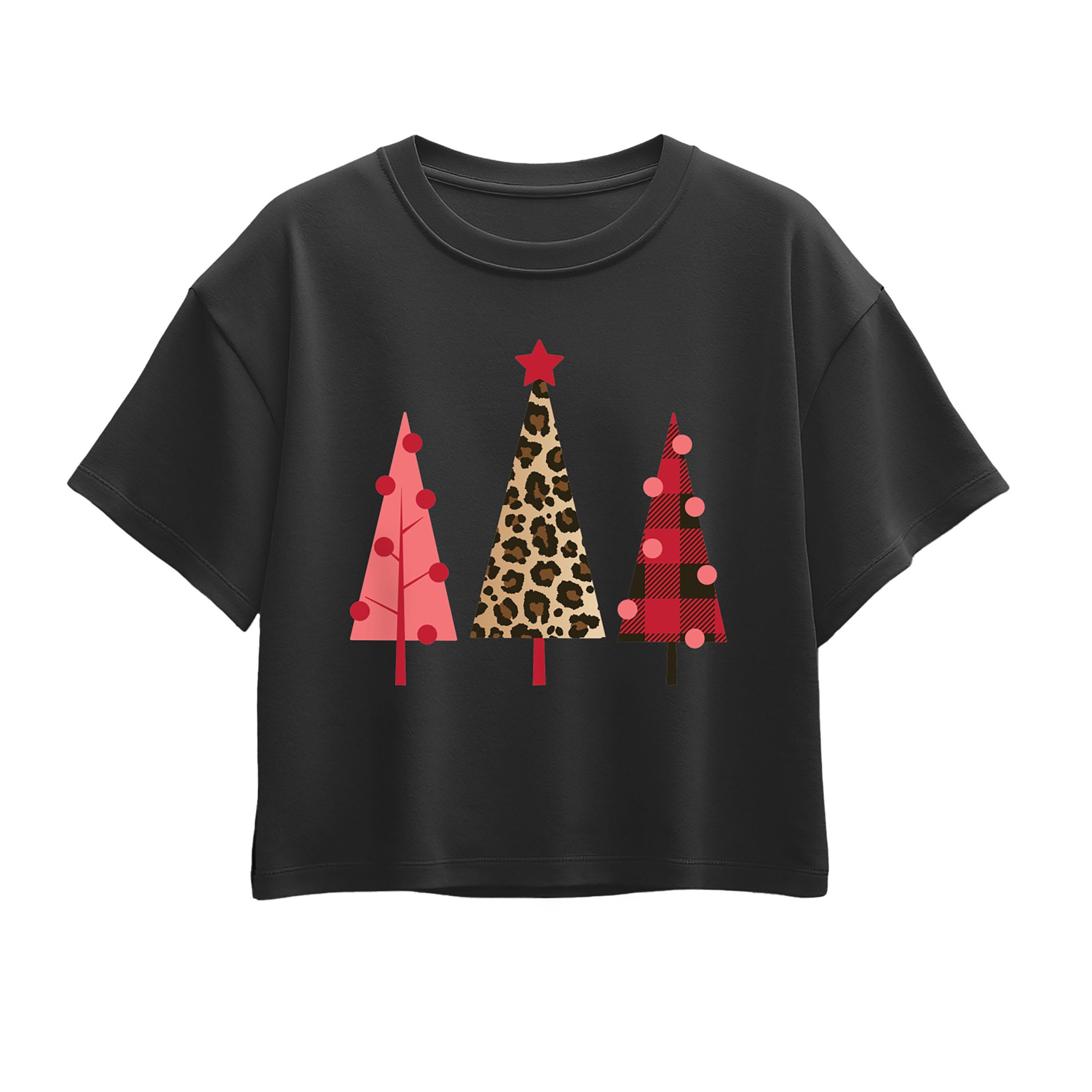 Instant Message - Leopard Print Christmas Trees - Youth Girl Short Sleeve Boxy Tee