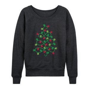 Instant Message - Paw Print Christmas Tree - Womens French Terry Pullover Long Sleeve Shirt