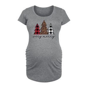 Instant Message - Very Merry Plaid Leopard Trees - Maternity Scoop Neck Tee