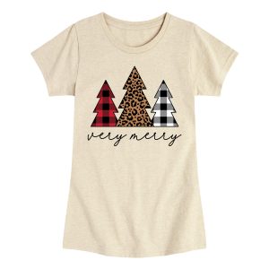 Instant Message - Very Merry Plaid Leopard Trees - Youth Girls Short Sleeve T-shirt