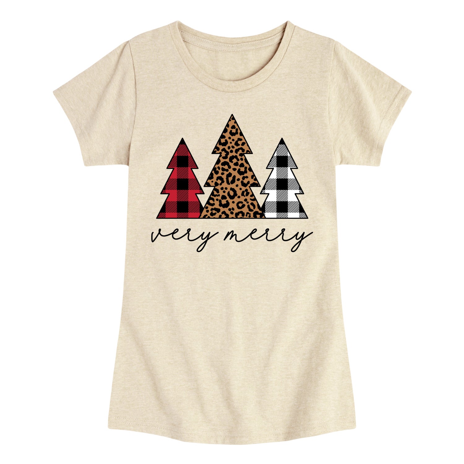 Instant Message - Very Merry Plaid Leopard Trees - Youth Girls Short Sleeve T-shirt