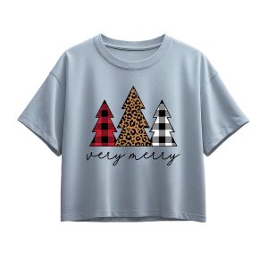 Instant Message - Very Merry Plaid Leopard Trees - Youth Girl Short Sleeve Boxy Tee