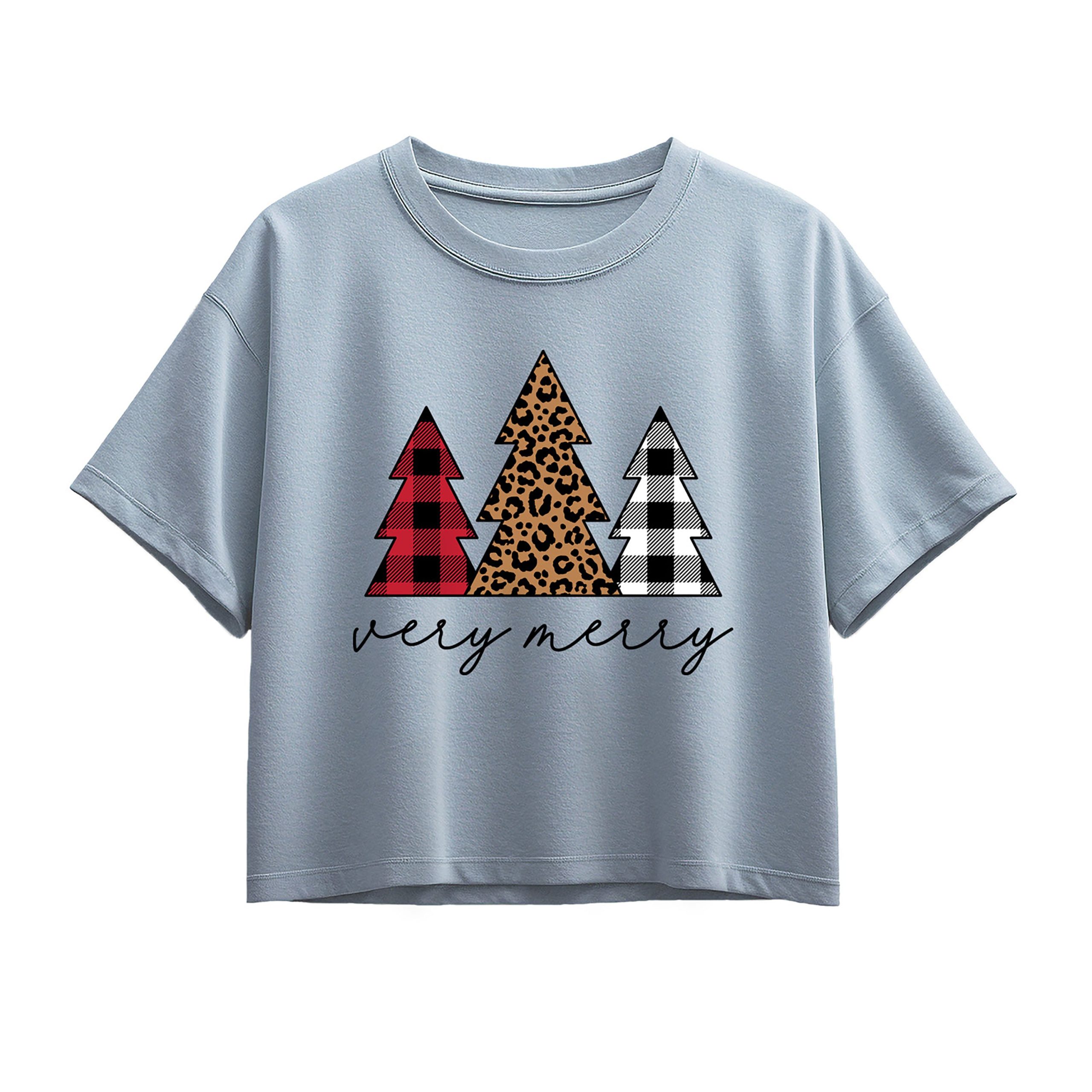 Instant Message - Very Merry Plaid Leopard Trees - Youth Girl Short Sleeve Boxy Tee
