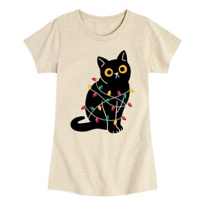 Instant Message - Cat Wrapped in Christmas Lights - Youth Girls Short Sleeve T-shirt
