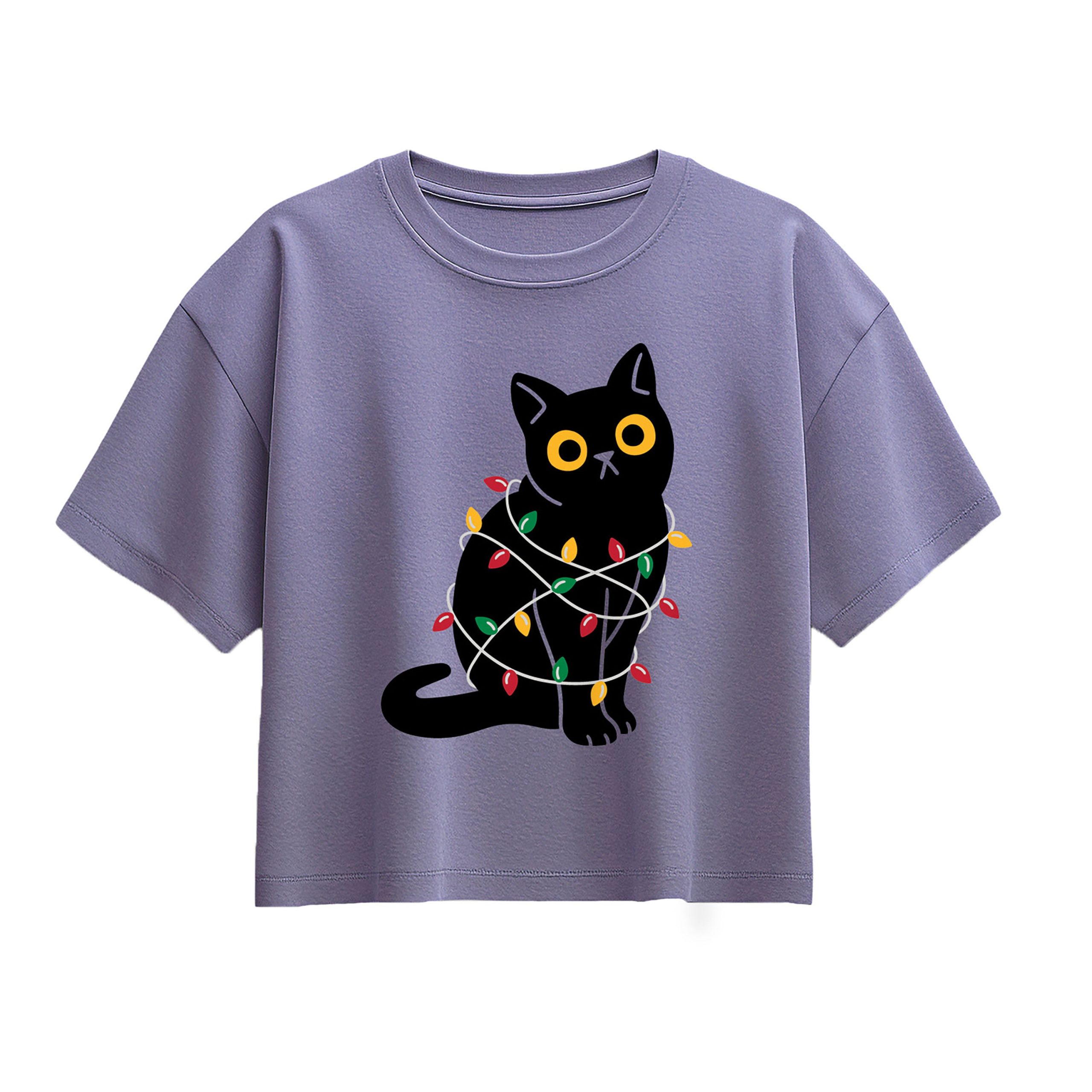 Instant Message - Cat Wrapped In Christmas Lights - Youth Girl Short Sleeve Boxy Tee - Image 3