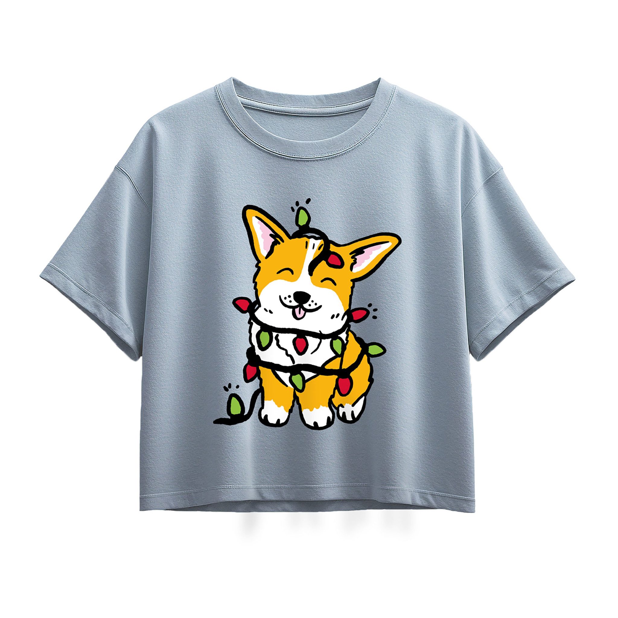 Instant Message - Corgi Wrapped In Christmas Lights - Youth Girl Short Sleeve Boxy Tee
