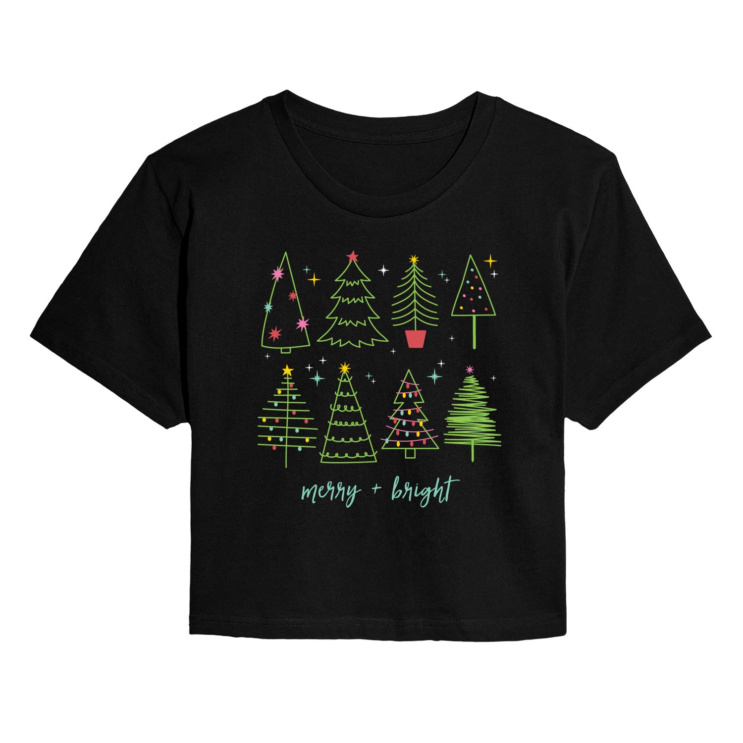 Instant Message - Christmas Trees - Juniors Cropped Short Sleeve Graphic T-shirt