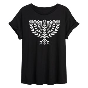 Instant Message - Floral Menorah - Womens Oversized Graphic T-shirt