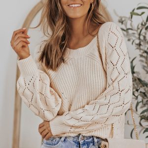 Lia Hollow-out Puffy Sleeve Knit Sweater by Threaded Pear
