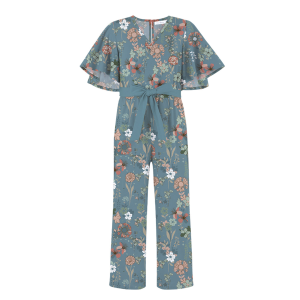 Trend Blossoms Girl's Floral Print Bow-Belt Flutter-Sleeve Jumpsuit
