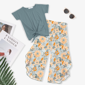 Trend Blossoms Girl's Knot-Front Top & Floral Leaf Print Wide-Leg Pants