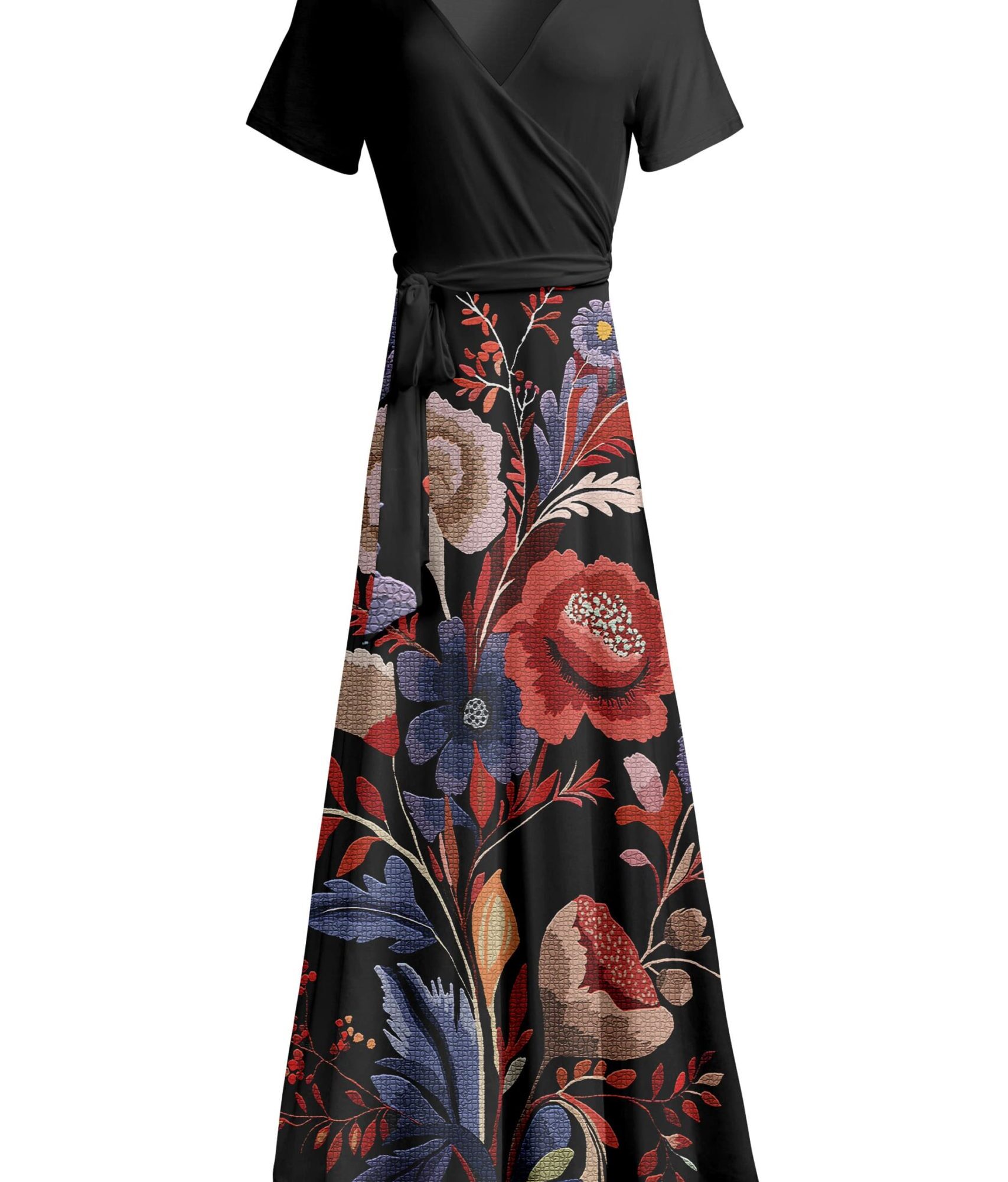 Lily by Firmiana Women's Short Sleeve Wrap-Style Maxi Dress with Tie Black & Multicolor Floral Print