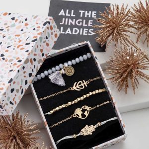 Don't AsK Goldtone Grey Beaded Bracelet Set ?C Elegant Stackable Design with Terrazzo Gift Box