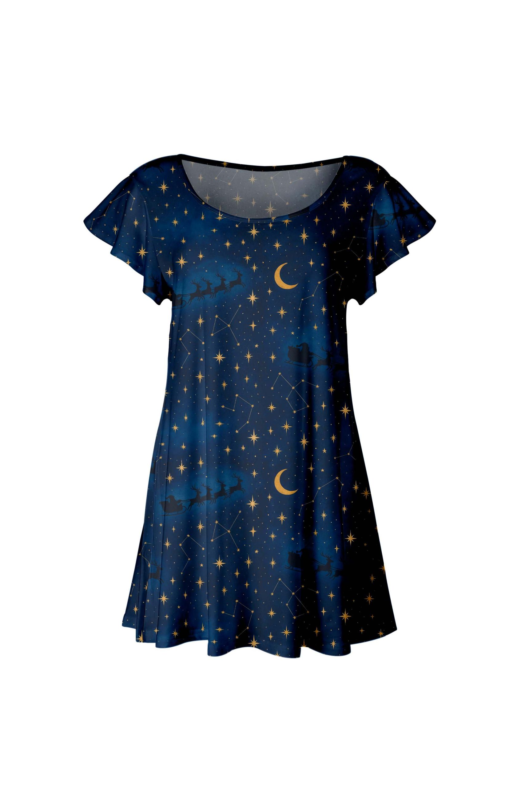 Lily by Firmiana Women's Short Sleeve Flutter Hem Tunic Top Blue and Gold Santa Silhouette Sky Print - Image 4