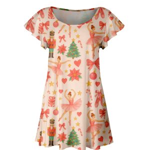 Lily by Firmiana Women's Short Sleeve Flutter Hem Tunic Top Cream & Pink Nutcracker Print