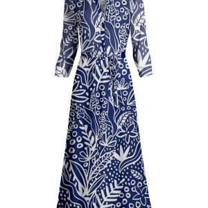 Lily by Firmiana Women's Long Sleeve Collared Maxi Dress with Tie Blue & White Leaf Print