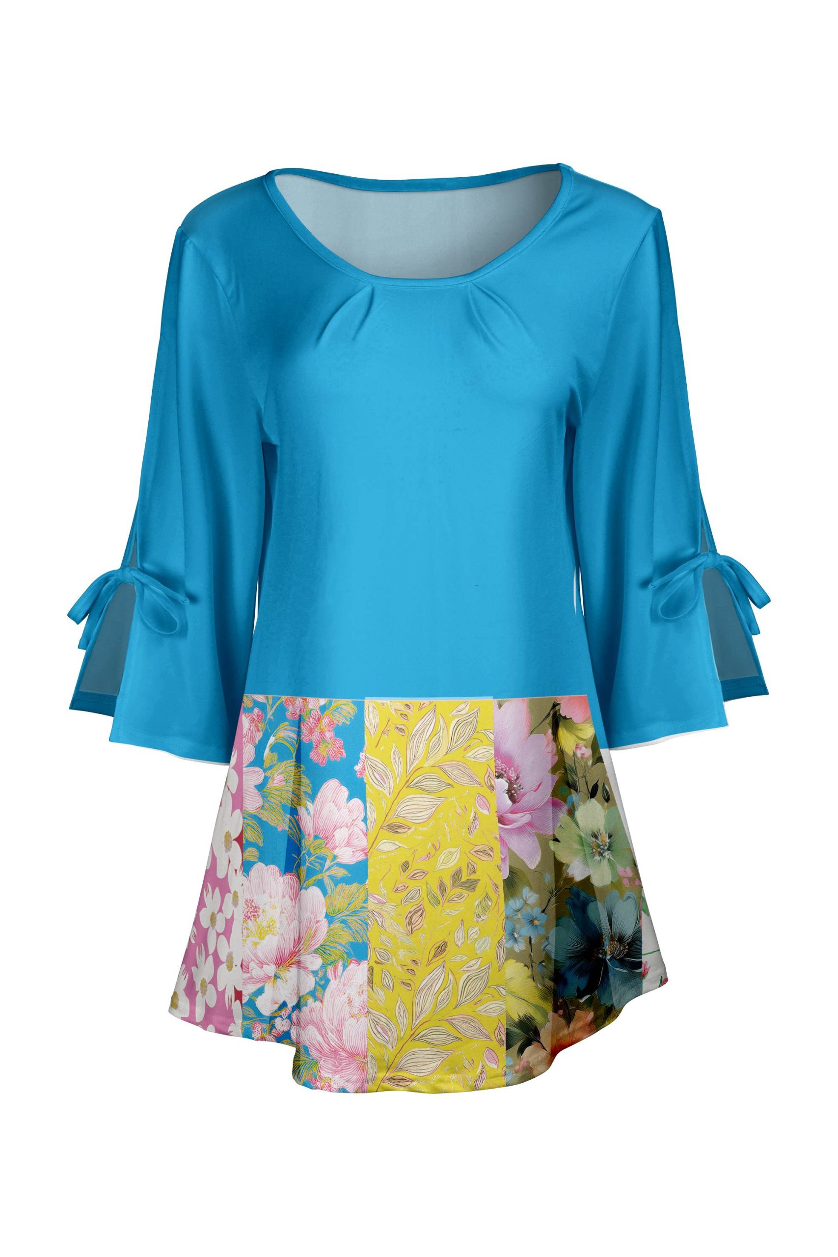 Lily by Firmiana Women's Round Neck Tunic with Split Hem ¾ Sleeves and Tie Detail Blue & Yellow Floral Patchwork - Image 2