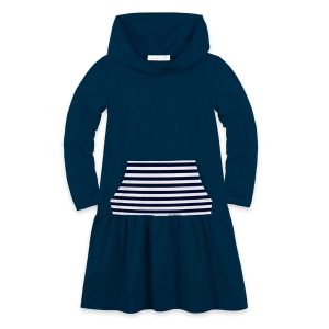 Dark Blue Stripe Pocket Hooded Low Waist Dress