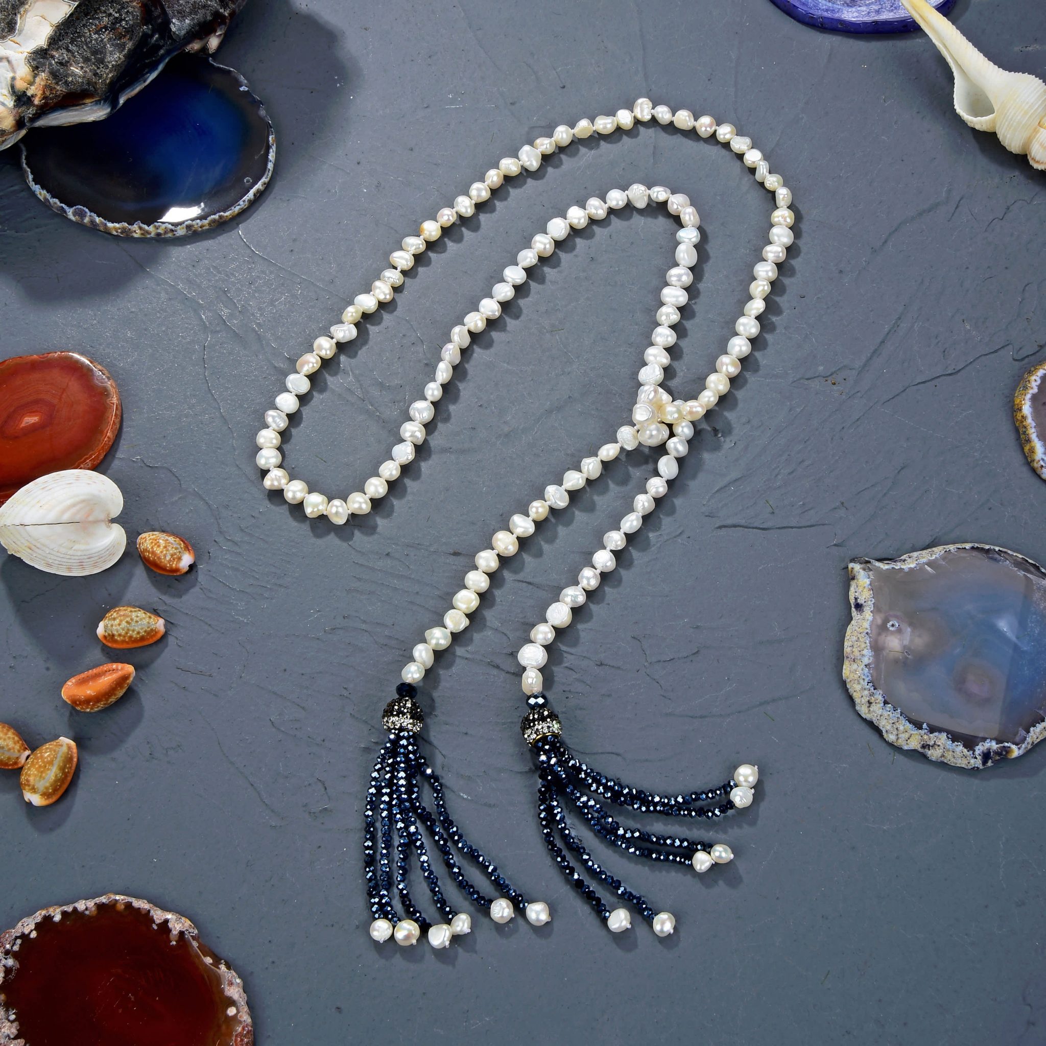 MGR Women's Cultured Pearl Lariat Necklace with Black Crystal & Pearl Tassels