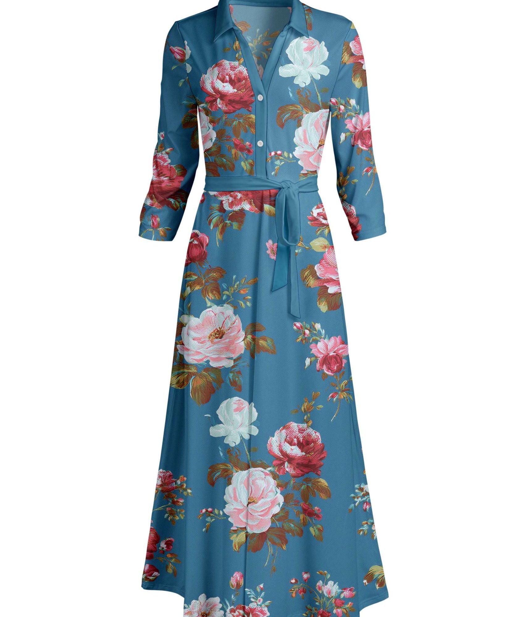 Lily by Firmiana Women's Long Sleeve Collared Maxi Dress with Tie Blue & Pink Floral