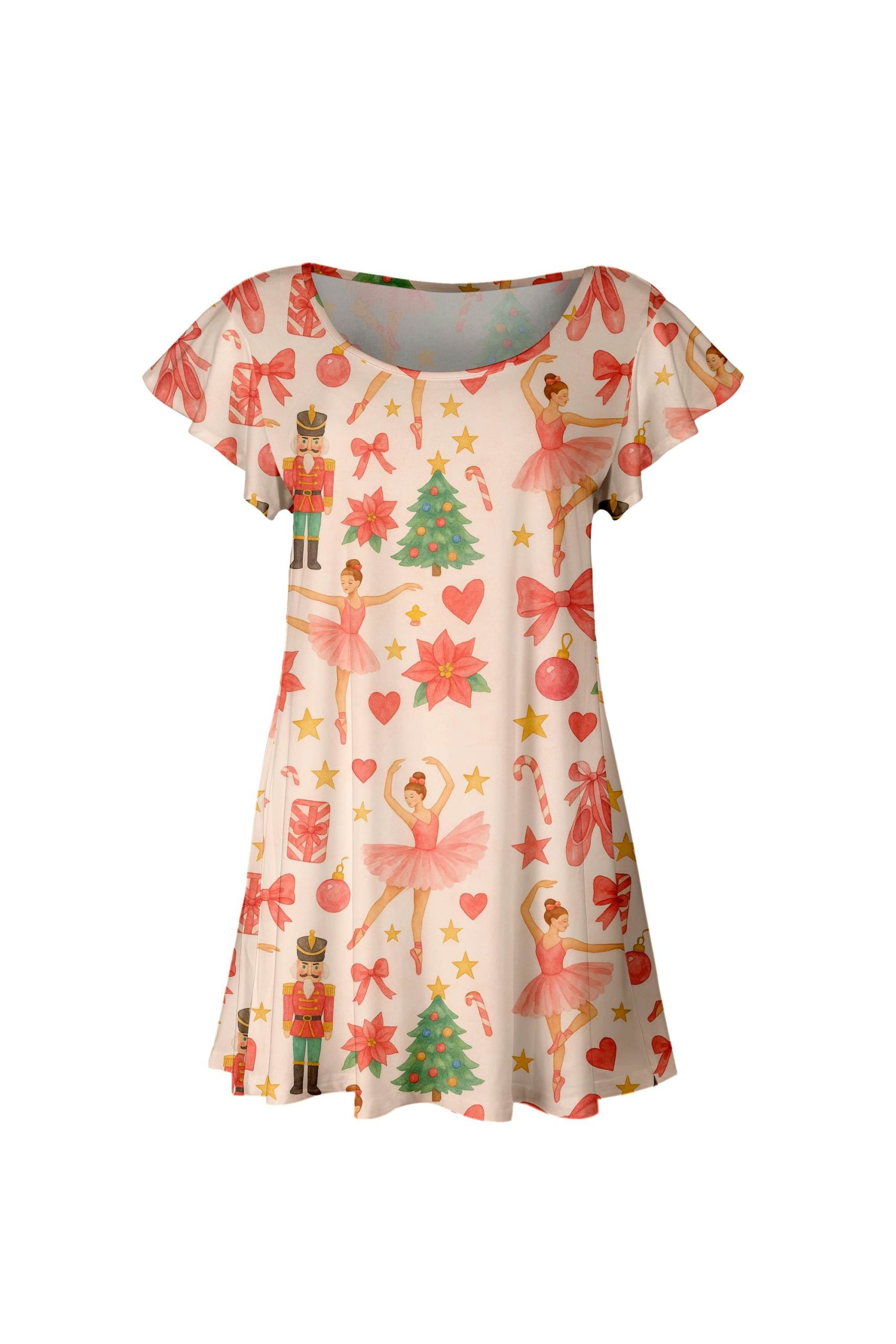 Lily by Firmiana Women's Short Sleeve Flutter Hem Tunic Top Cream & Pink Nutcracker Print - Image 2