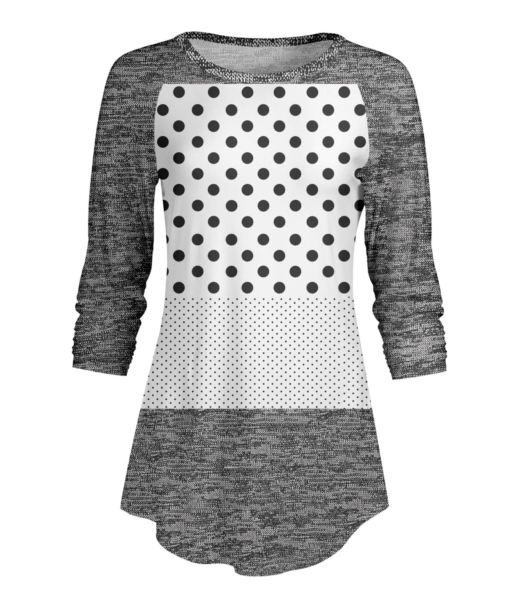 Lily by Firmiana Women's ¾ Sleeve Scoop Neck Tunic Top Black & White Dot Patchwork