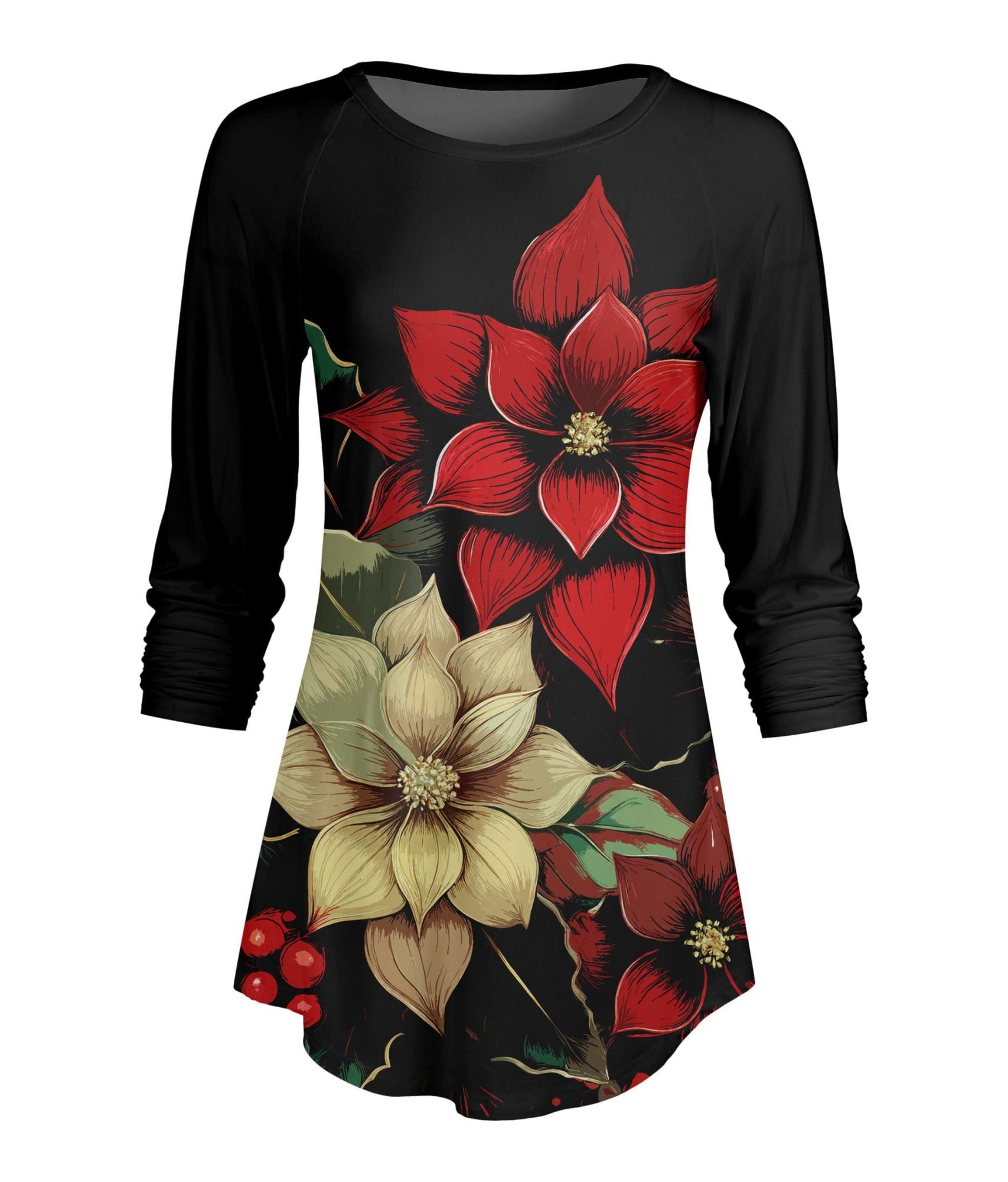 Lily by Firmiana Women's ¾ Sleeve Scoop Neck Tunic Top Poinsettia Floral Print